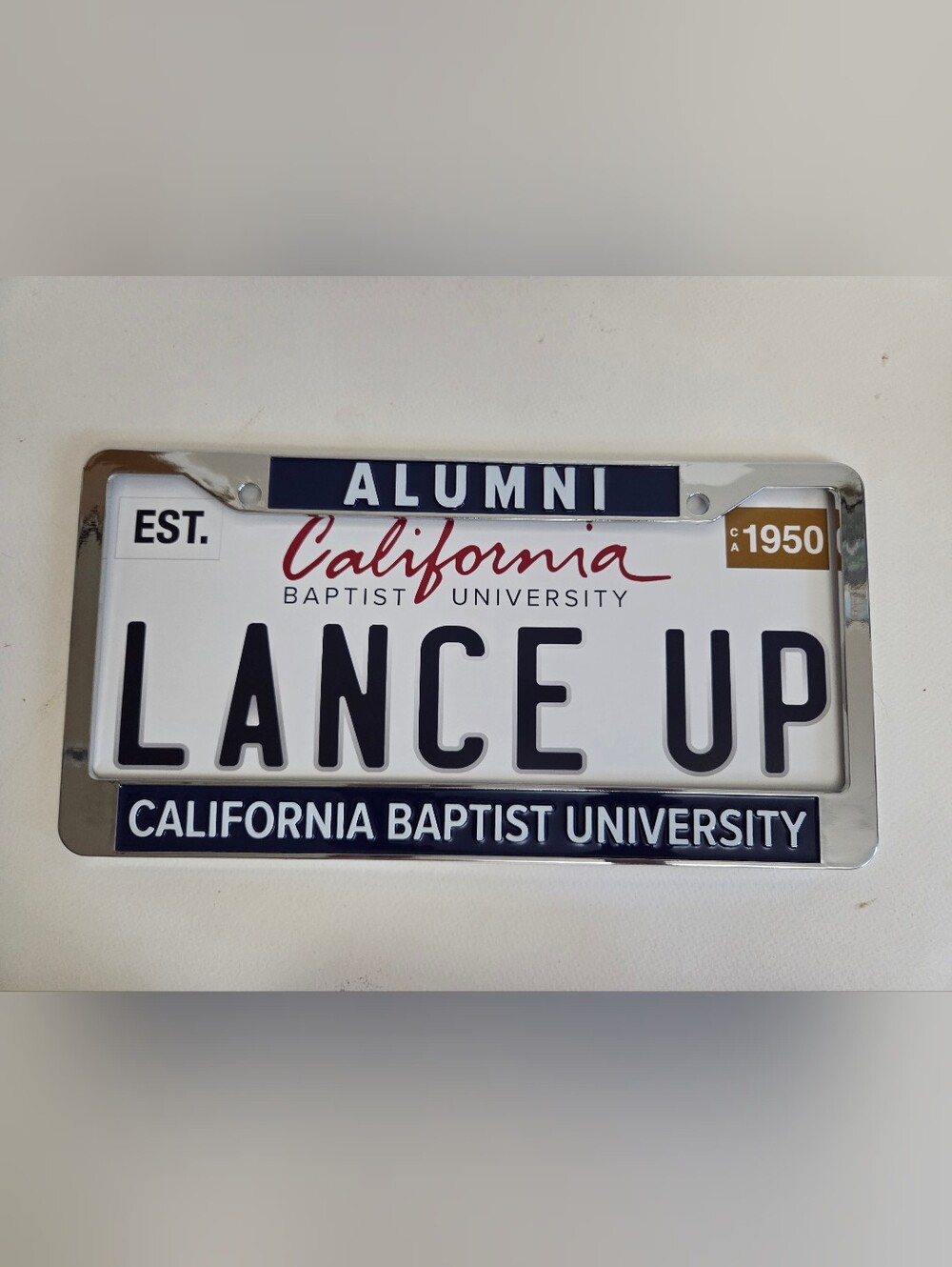 California Baptist University Alumni License Plate Frame - Metal/White/Navy